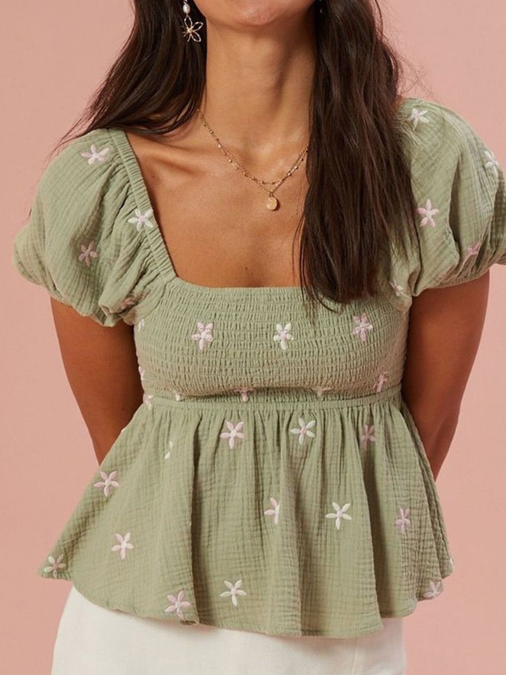Altar'd State Green Puff Sleeve Top with Pink Floral Embroidery